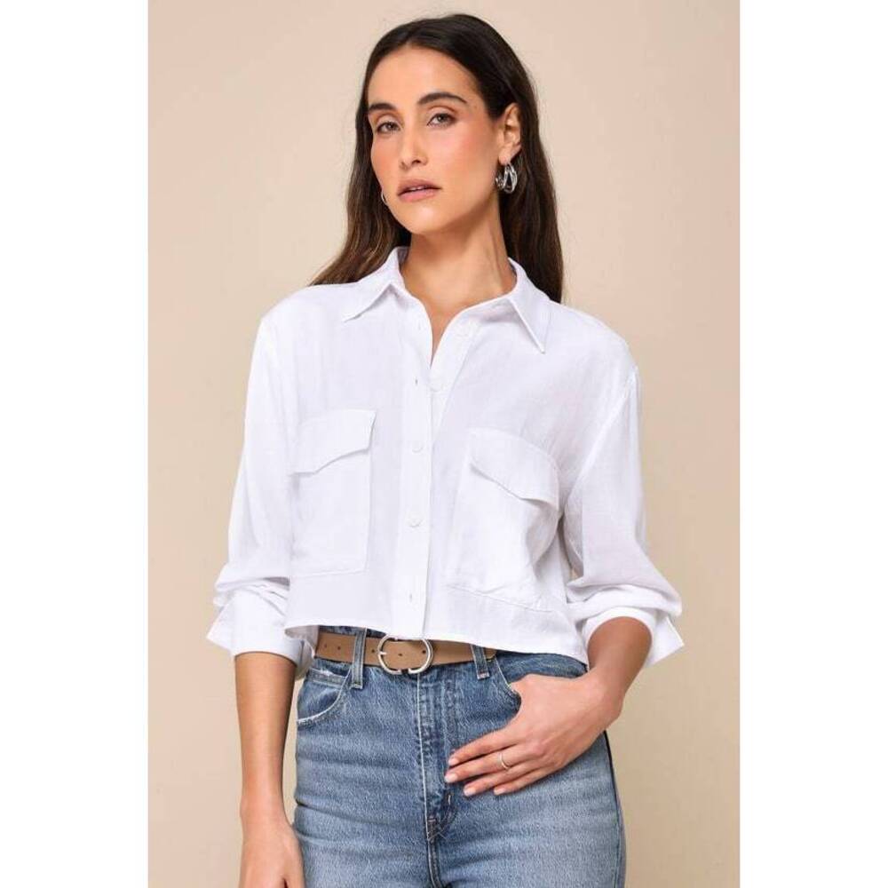 Lulus Truly Elevated Ivory Collared Cropped Button-up Top White - Size XS